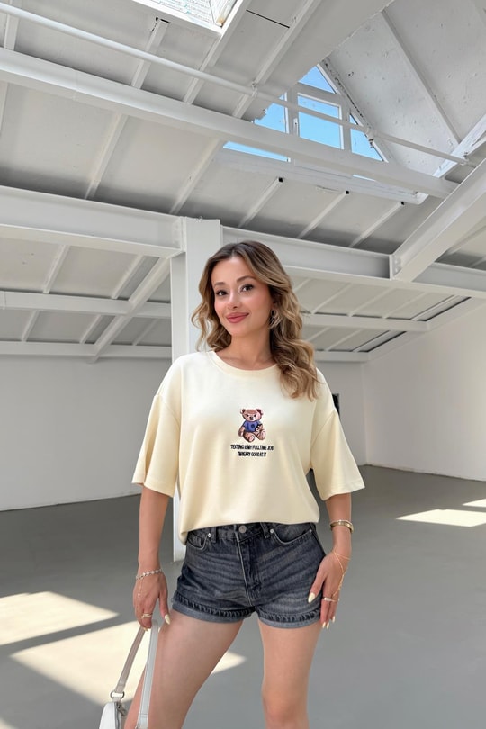 Teddy Nakışlı Tshirt Beyaz