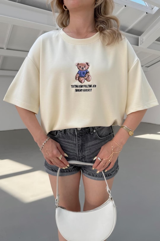 Teddy Nakışlı Tshirt Beyaz