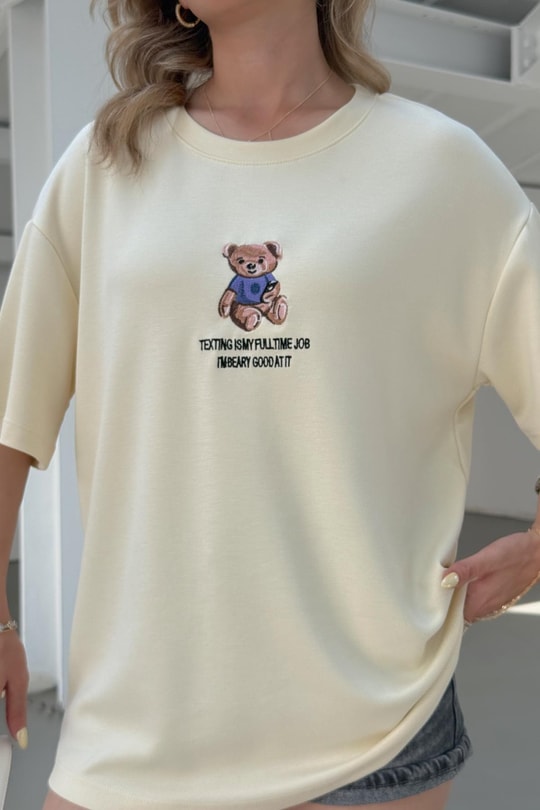 Teddy Nakışlı Tshirt Beyaz