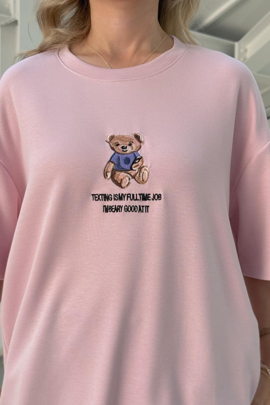 Teddy Nakışlı Tshirt Pudra