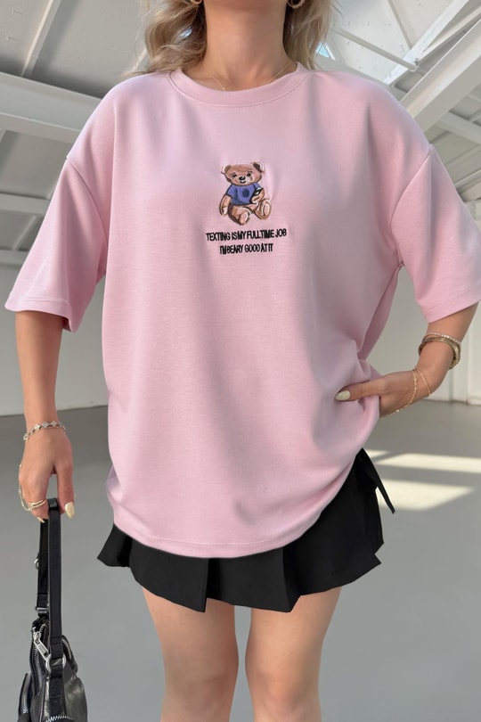 Teddy Nakışlı Tshirt Pudra