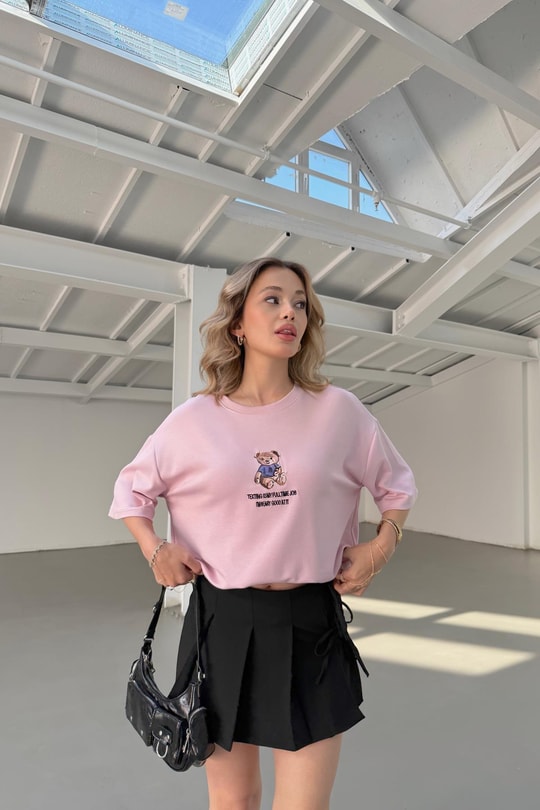 Teddy Nakışlı Tshirt Pudra