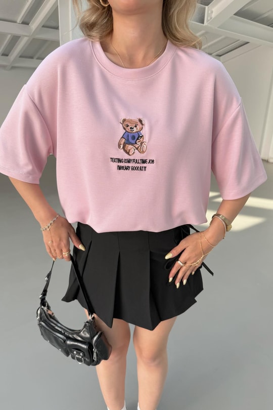 Teddy Nakışlı Tshirt Pudra