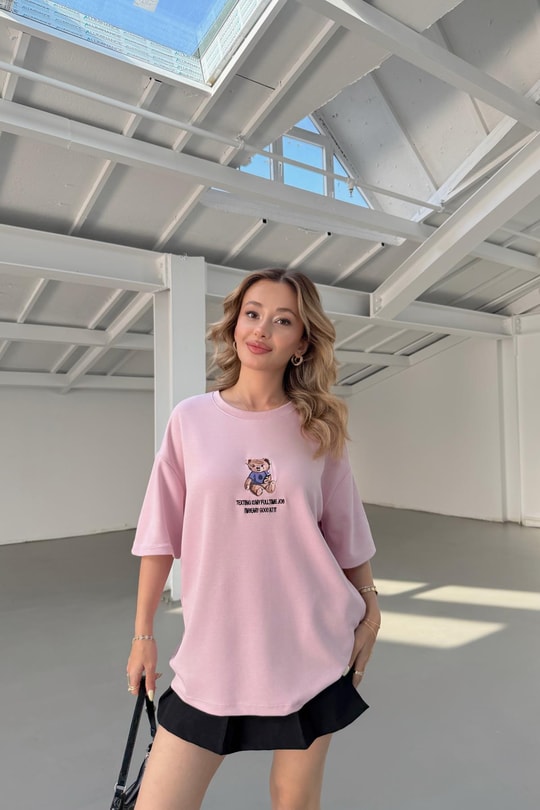 Teddy Nakışlı Tshirt Pudra