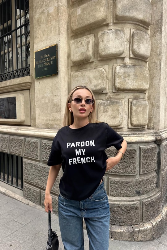 Text Pardon Baskılı Tshirt Siyah