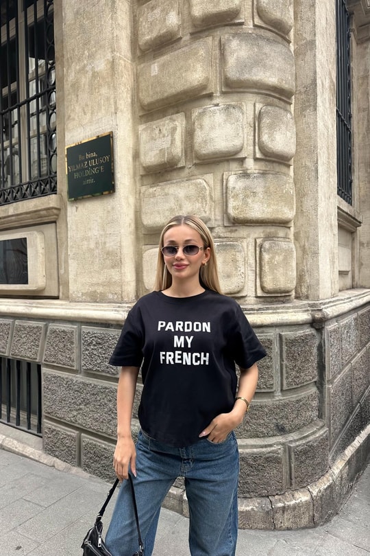 Text Pardon Baskılı Tshirt Siyah