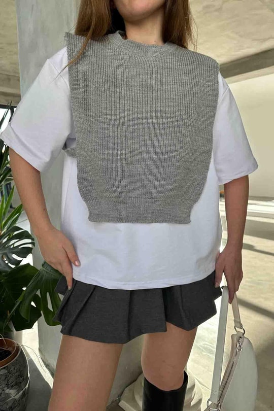 Triko Süveter Detay Tshirt Gri