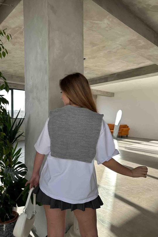 Triko Süveter Detay Tshirt Gri