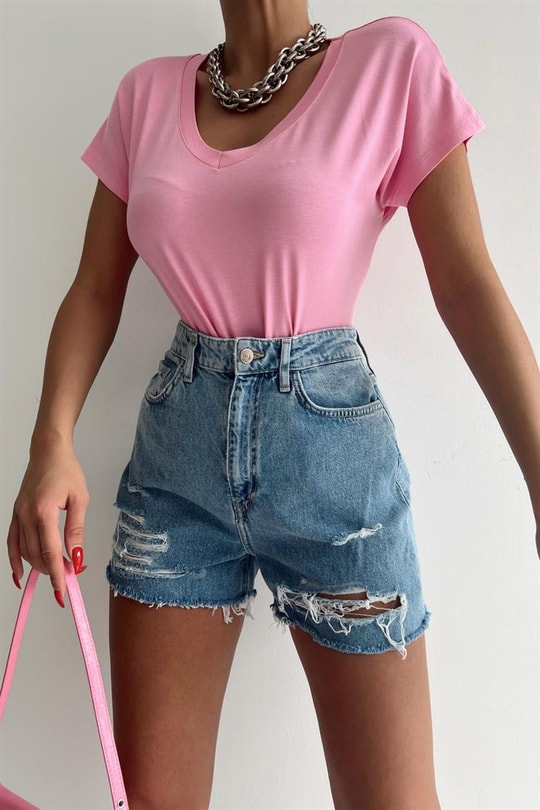 V Yaka Basic Tshirt Pembe