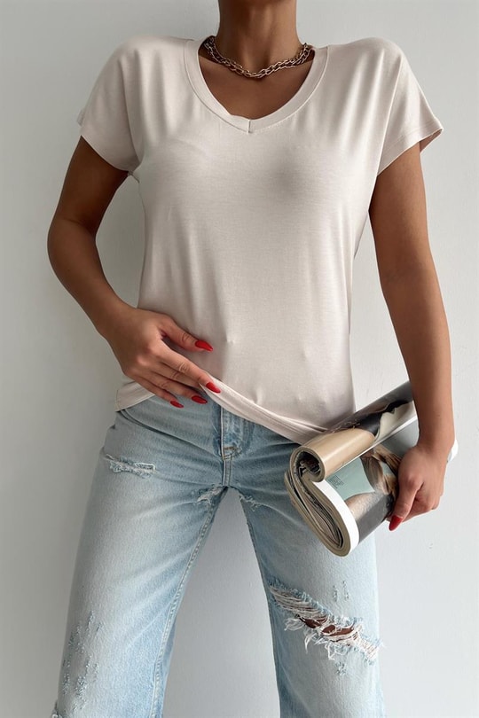 V Yaka Basic Tshirt Taş