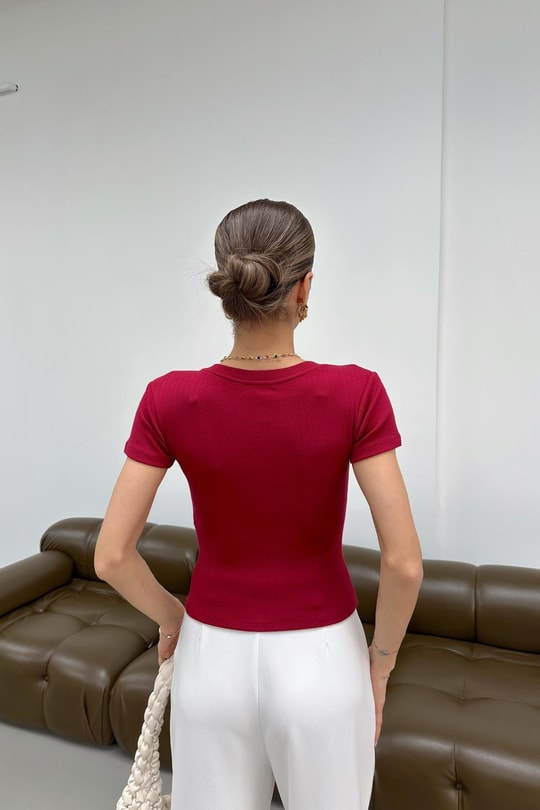 V Yaka Kısa Tshirt Bordo