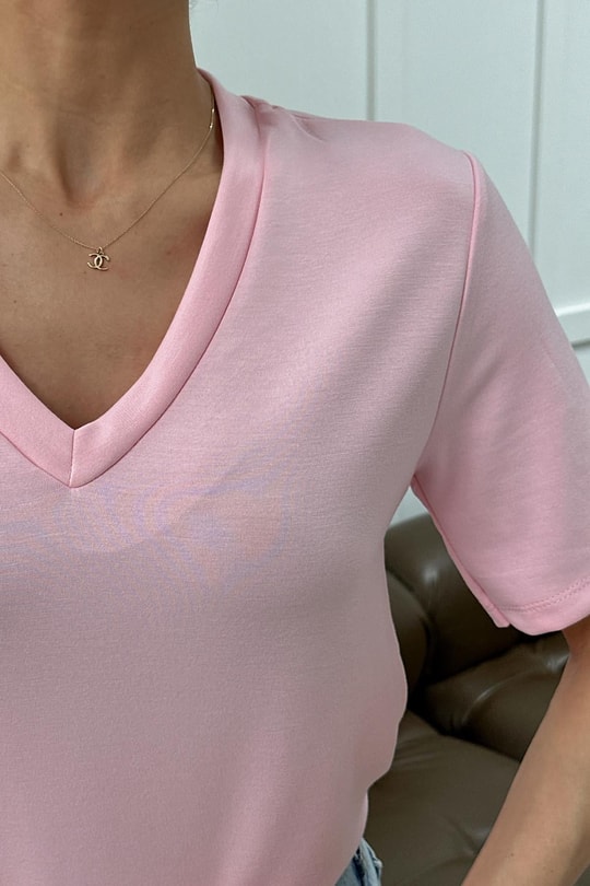 V Yaka Modal Tshirt Pembe