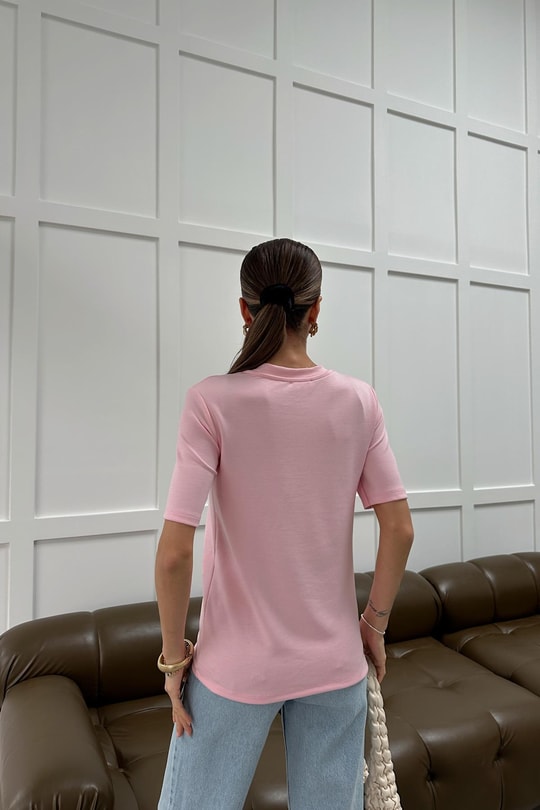 V Yaka Modal Tshirt Pembe