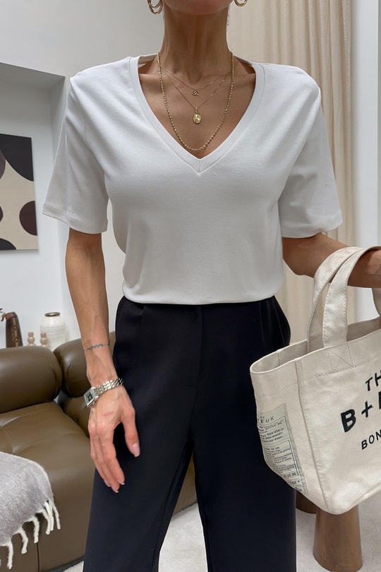 V Yaka Oversize Tshirt Beyaz