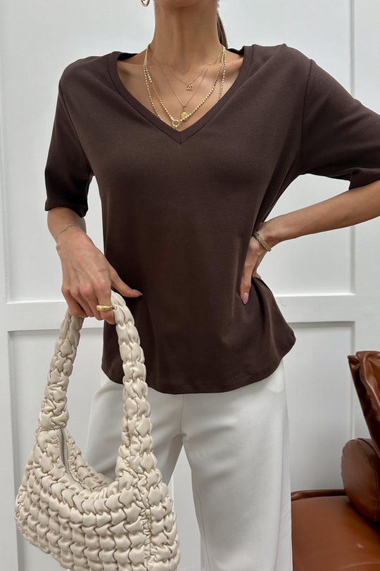 V Yaka Oversize Tshirt Kahve