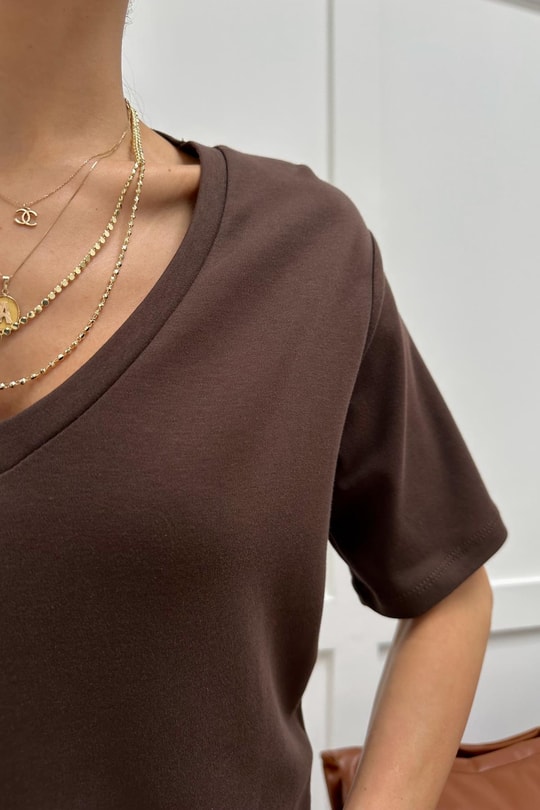 V Yaka Oversize Tshirt Kahve