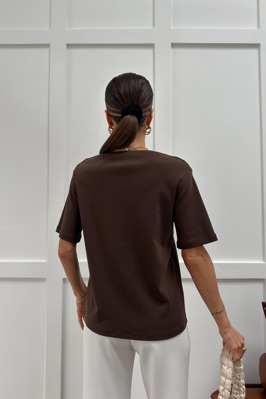 V Yaka Oversize Tshirt Kahve