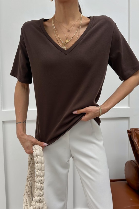 V Yaka Oversize Tshirt Kahve