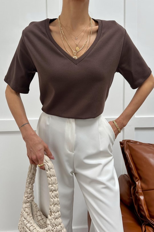V Yaka Oversize Tshirt Kahve