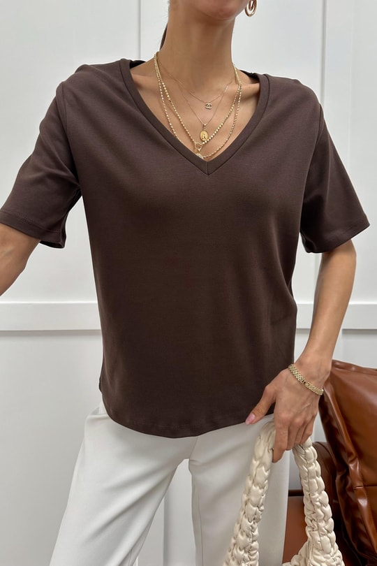V Yaka Oversize Tshirt Kahve