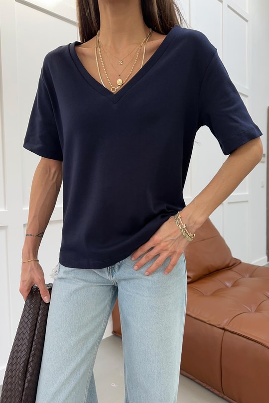 V Yaka Oversize Tshirt Lacivert