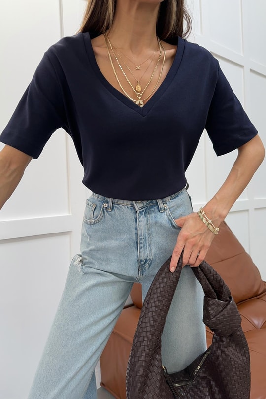 V Yaka Oversize Tshirt Lacivert