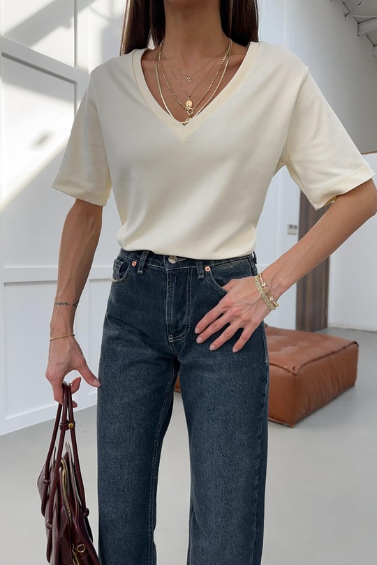 V Yaka Oversize Tshirt Sarı