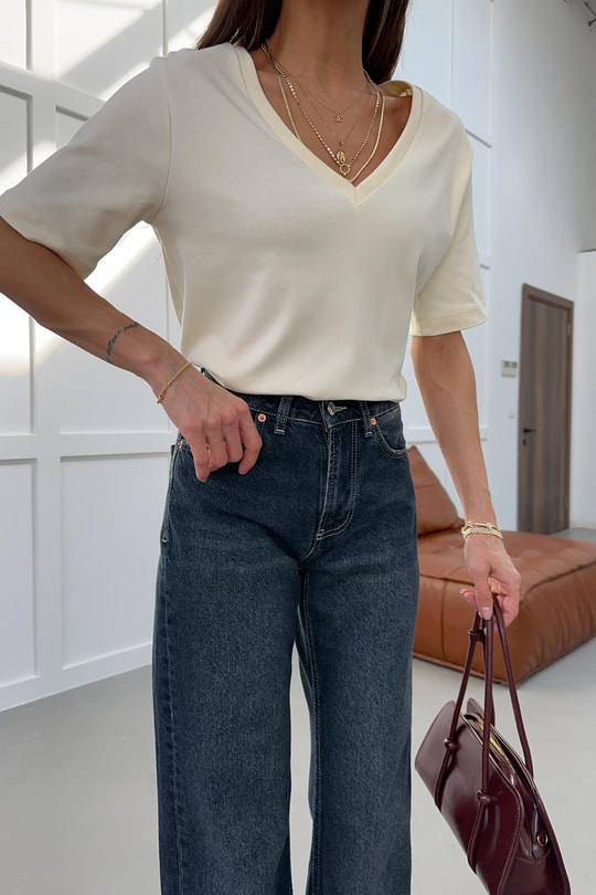 V Yaka Oversize Tshirt Sarı