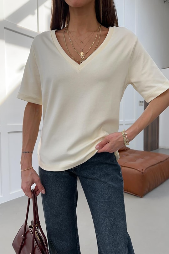 V Yaka Oversize Tshirt Sarı