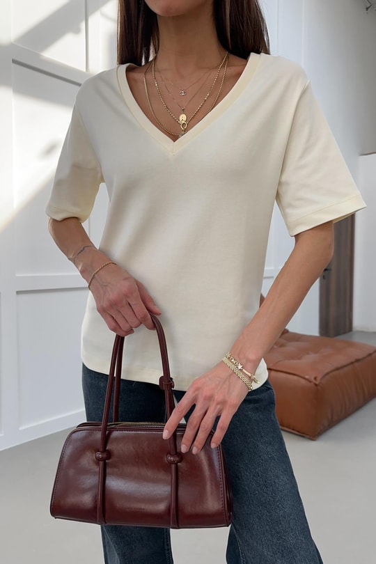 V Yaka Oversize Tshirt Sarı