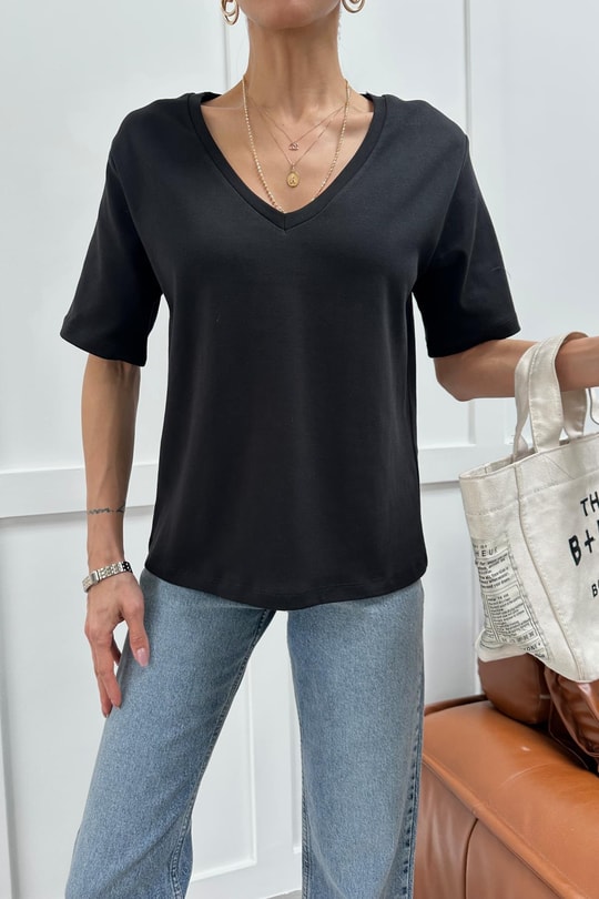 V Yaka Oversize Tshirt Siyah