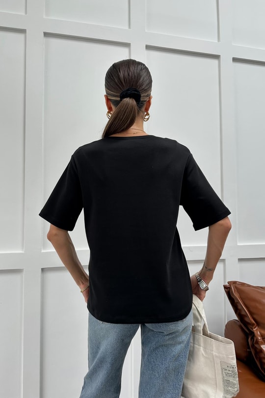 V Yaka Oversize Tshirt Siyah