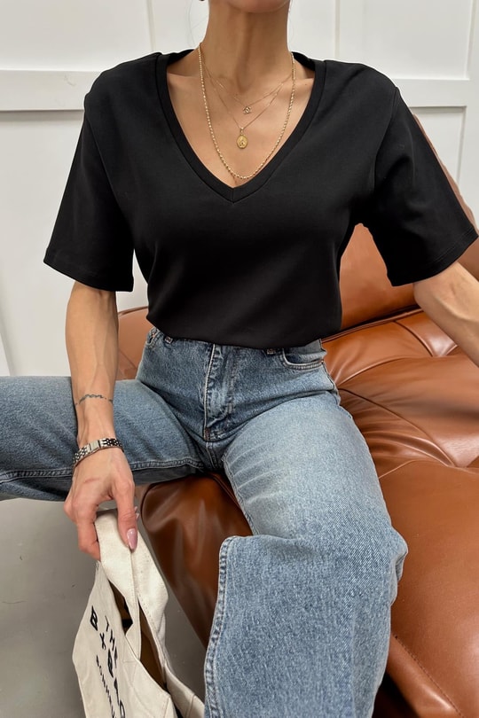V Yaka Oversize Tshirt Siyah