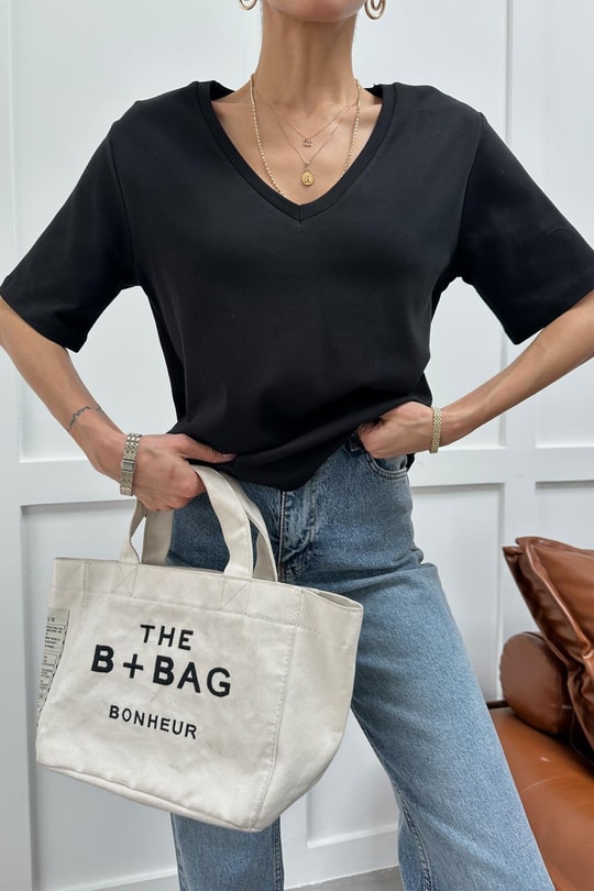 V Yaka Oversize Tshirt Siyah