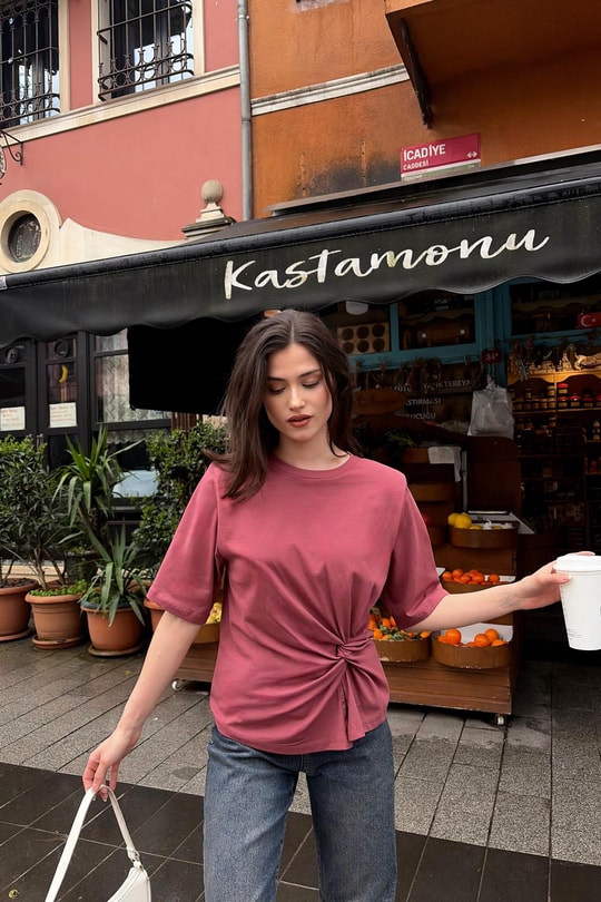 Vatkalı Ön Büzgü Detay Tshirt Gül Kurusu