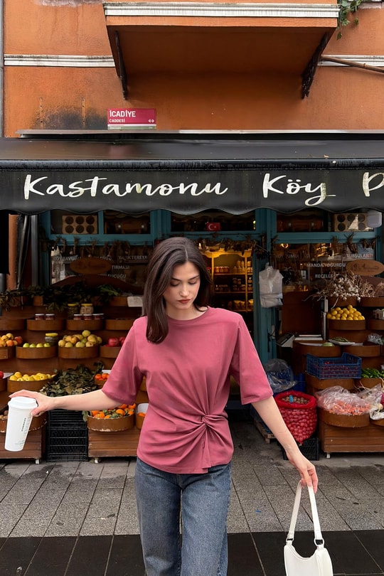 Vatkalı Ön Büzgü Detay Tshirt Gül Kurusu