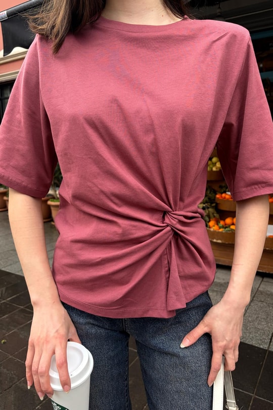 Vatkalı Ön Büzgü Detay Tshirt Gül Kurusu