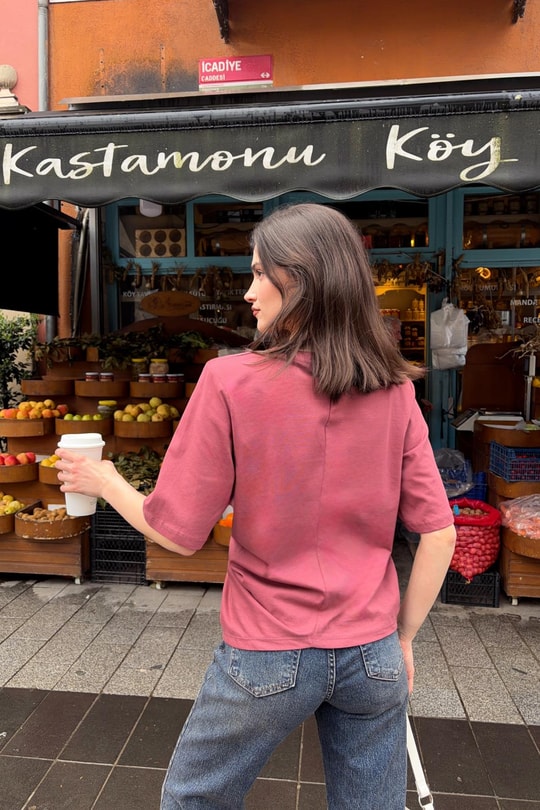 Vatkalı Ön Büzgü Detay Tshirt Gül Kurusu