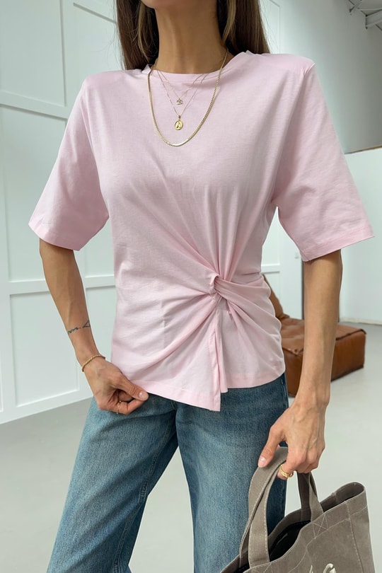 Vatkalı Ön Büzgü Detay Tshirt Pudra
