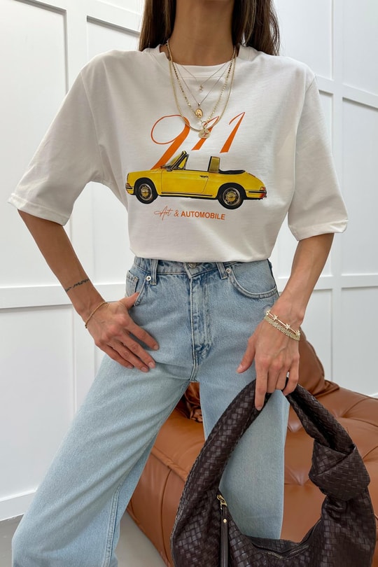 Vintage Baskılı Tshirt Ekru