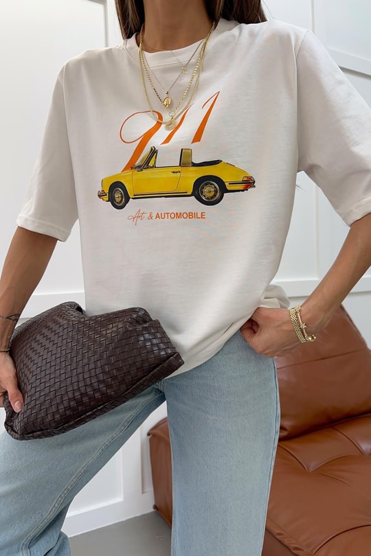 Vintage Baskılı Tshirt Ekru
