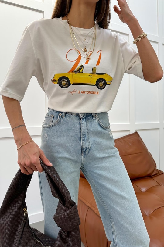 Vintage Baskılı Tshirt Ekru