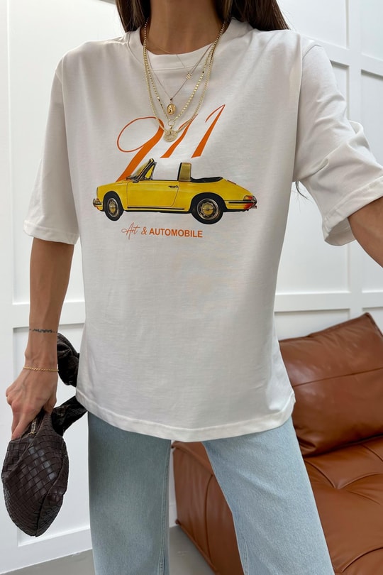 Vintage Baskılı Tshirt Ekru
