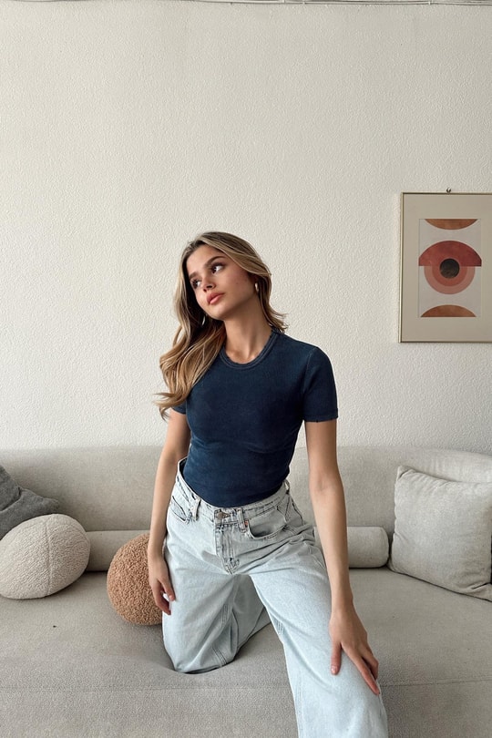 Vintage Eskitme Tshirt Lacivert