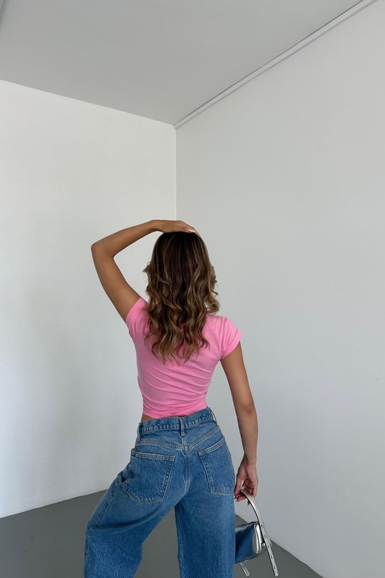 Yan Büzgülü Bluz Pembe