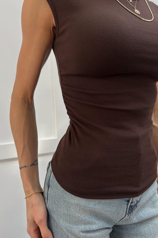 Yandan Büzgü Kolsuz Tshirt Acı Kahve