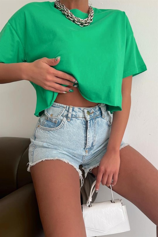 Yarım Kol Basic Tshirt Yeşil