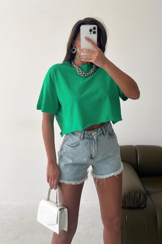 Yarım Kol Basic Tshirt Yeşil