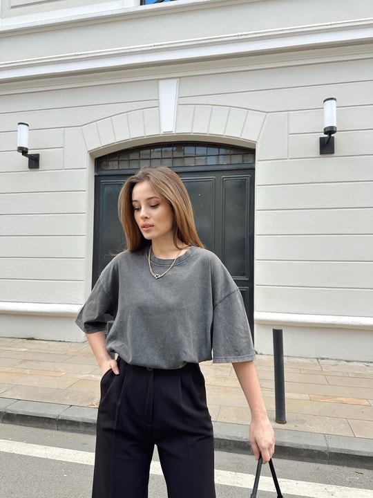 Yıkamalı Bisiklet Yaka Tshirt Füme