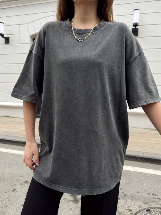 Yıkamalı Bisiklet Yaka Tshirt Füme